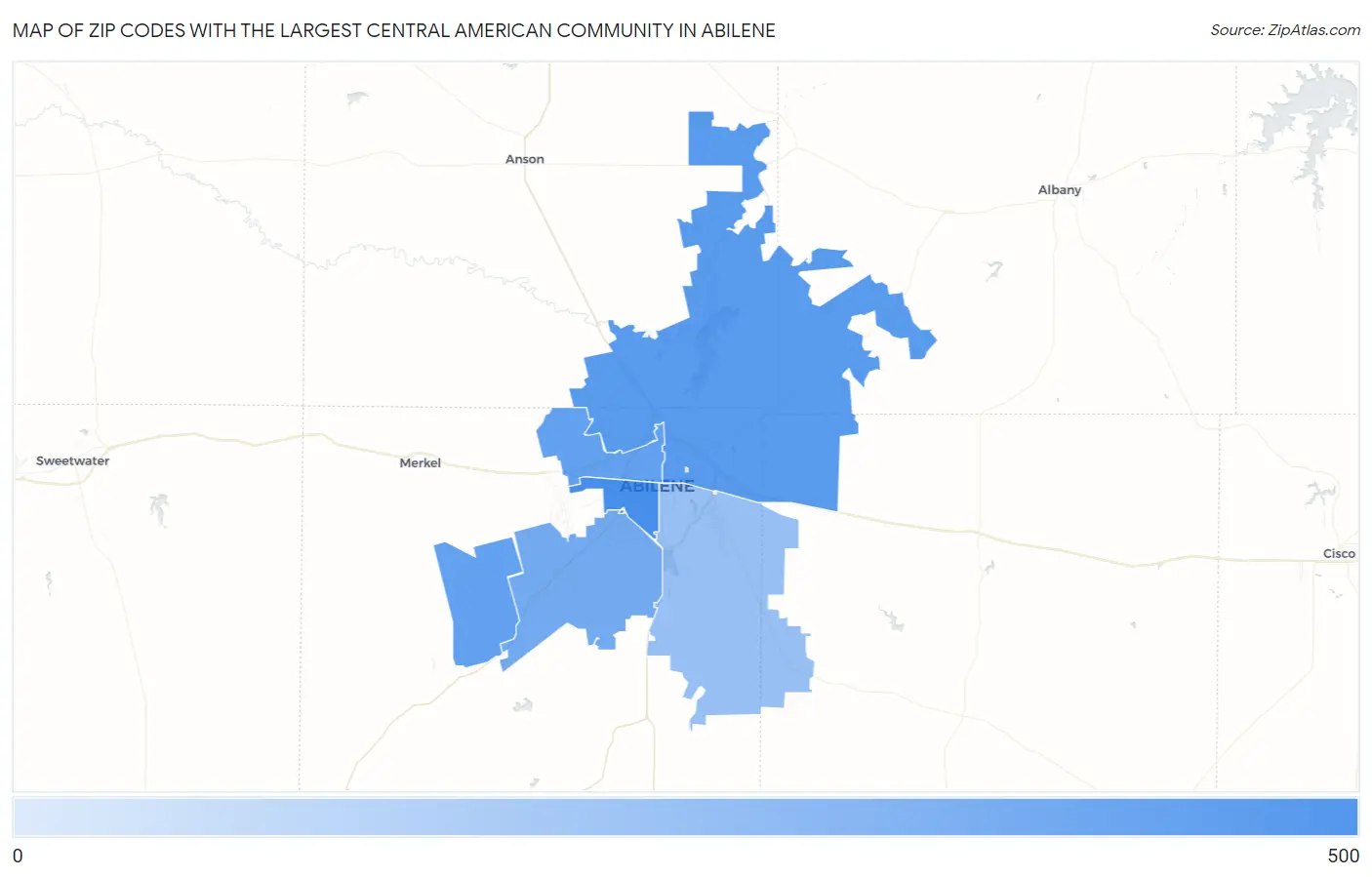 Zip Codes with the Largest Central American Community in Abilene Map