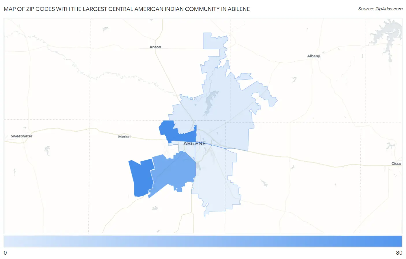 Zip Codes with the Largest Central American Indian Community in Abilene Map