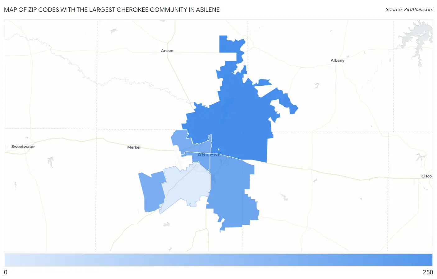 Zip Codes with the Largest Cherokee Community in Abilene Map