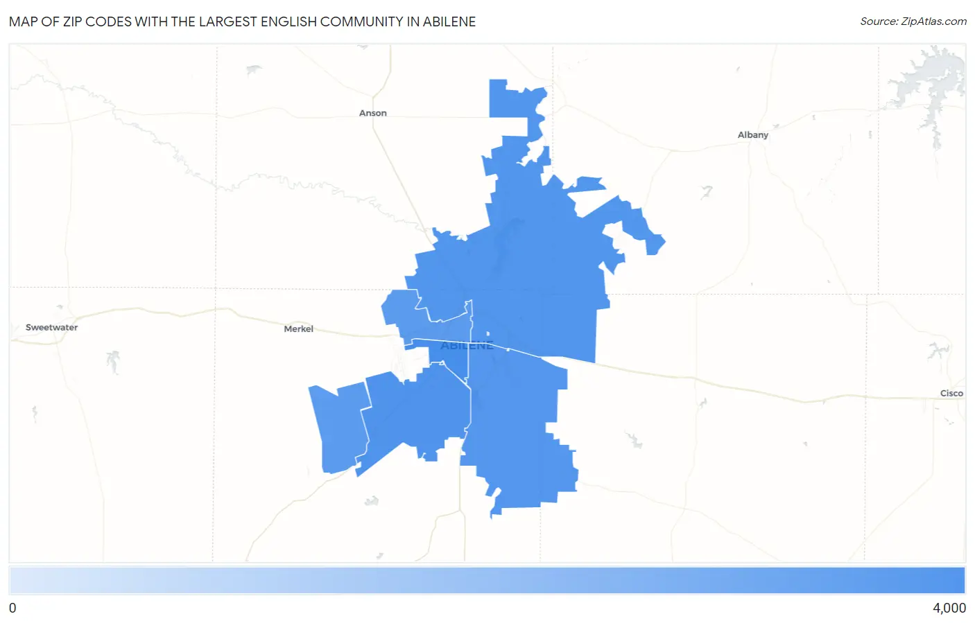 Zip Codes with the Largest English Community in Abilene Map