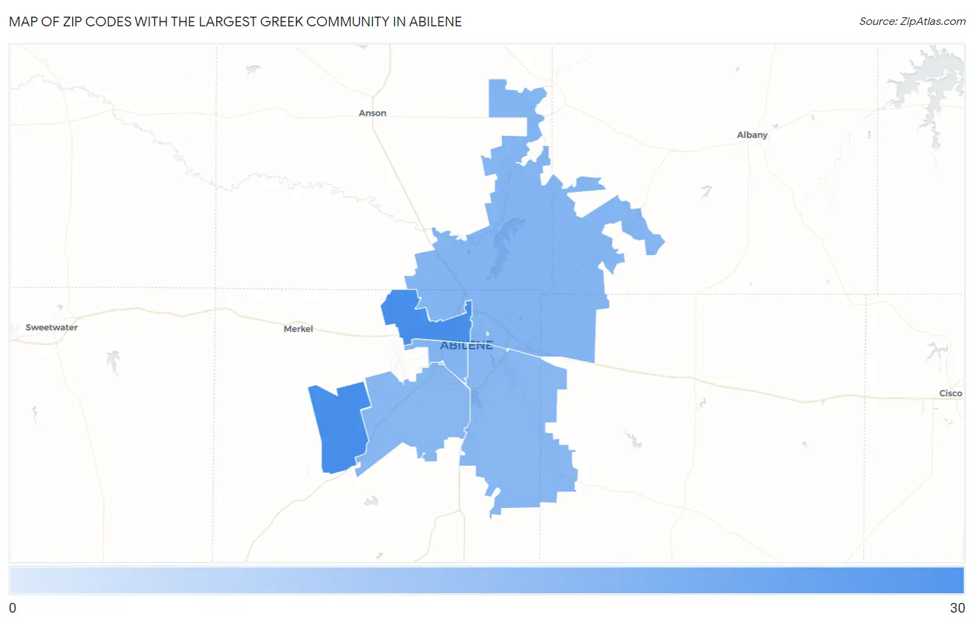 Zip Codes with the Largest Greek Community in Abilene Map
