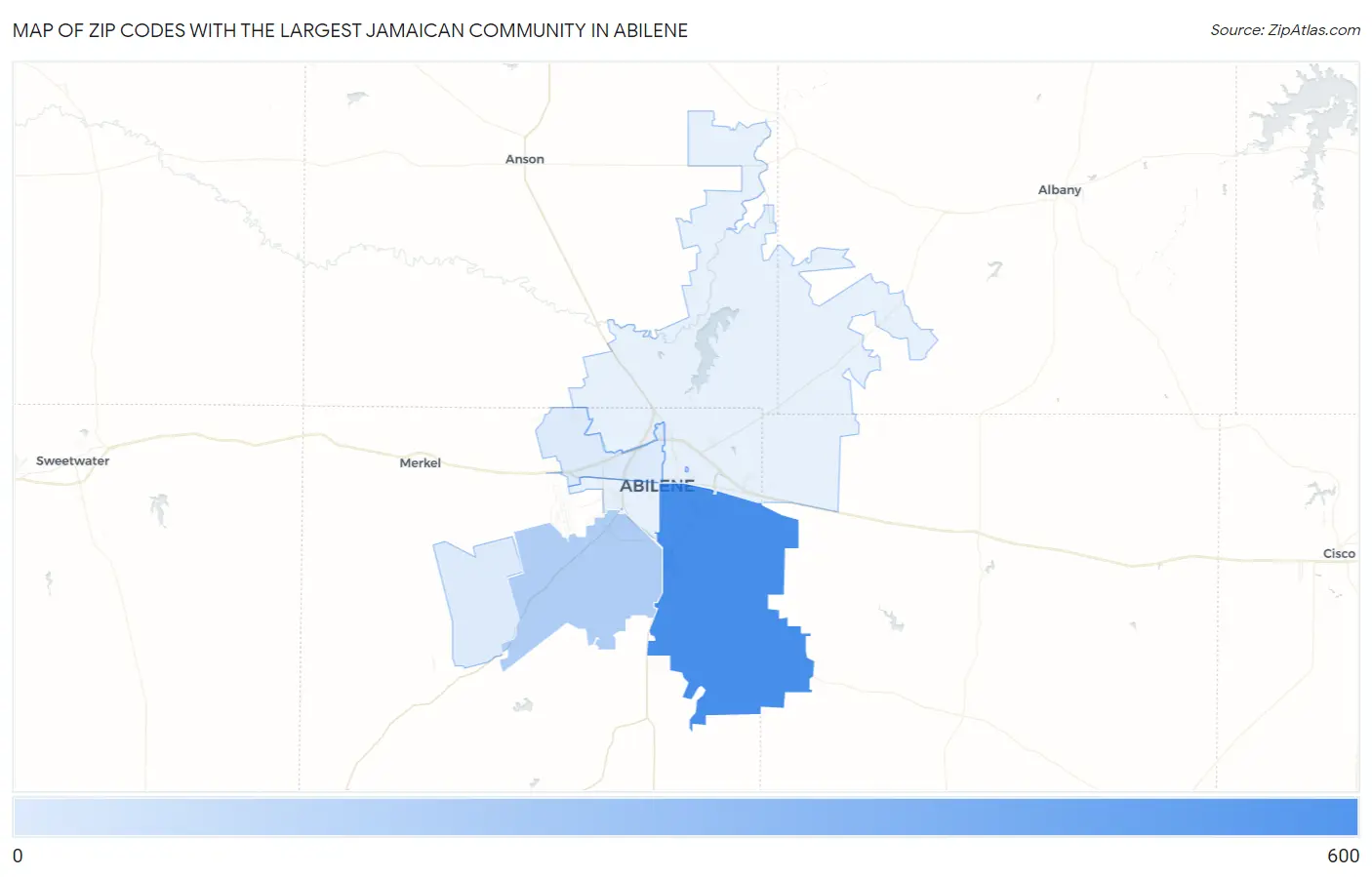 Zip Codes with the Largest Jamaican Community in Abilene Map