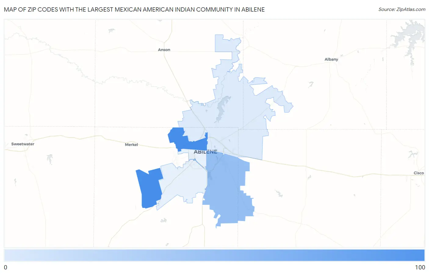 Zip Codes with the Largest Mexican American Indian Community in Abilene Map