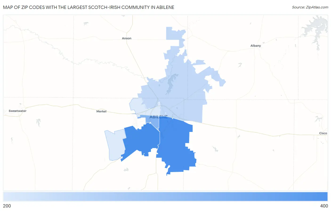 Zip Codes with the Largest Scotch-Irish Community in Abilene Map
