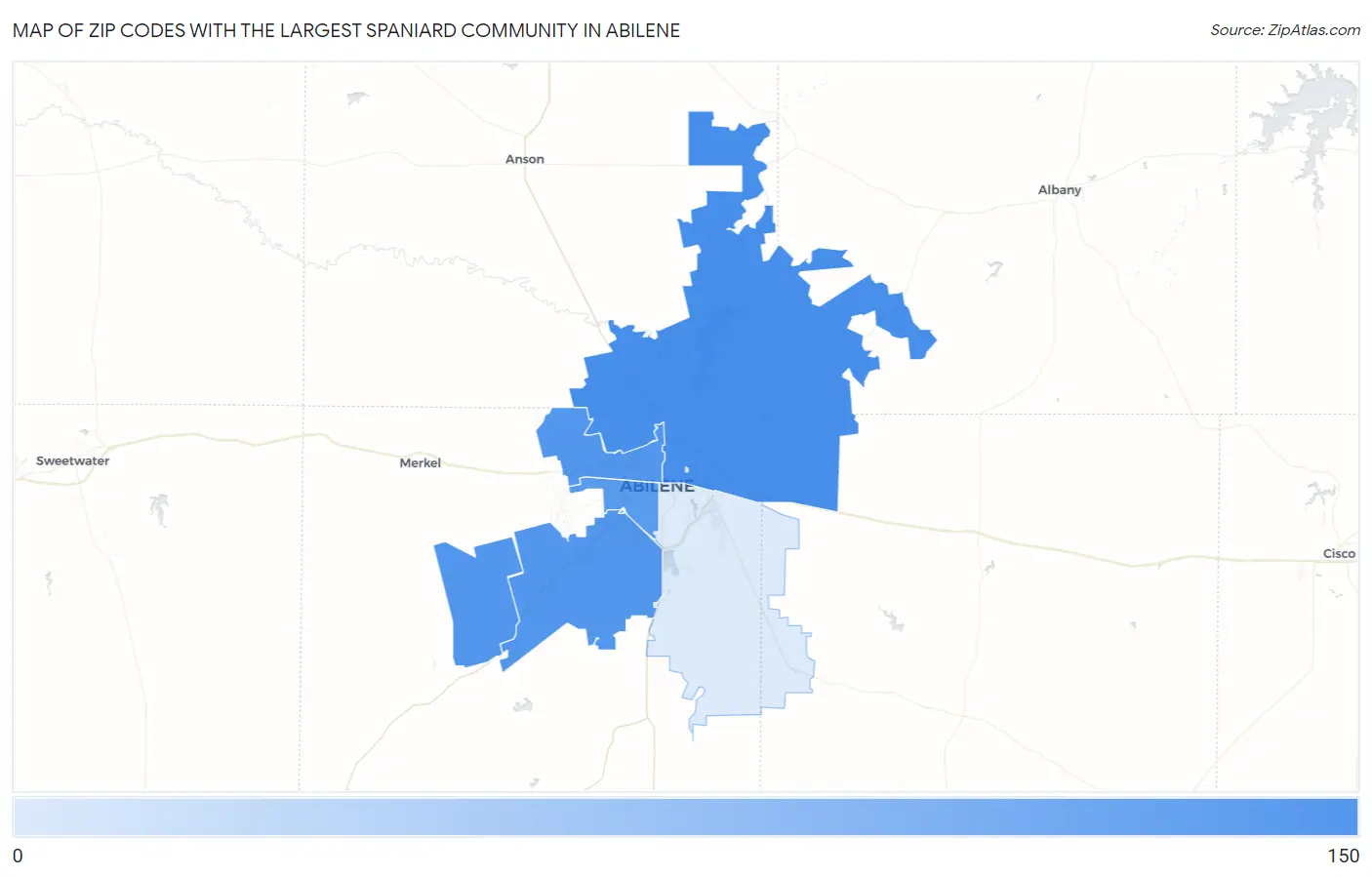 Zip Codes with the Largest Spaniard Community in Abilene Map