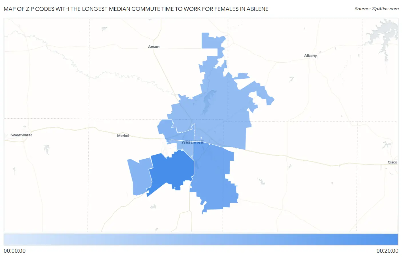 Zip Codes with the Longest Median Commute Time to Work for Females in Abilene Map