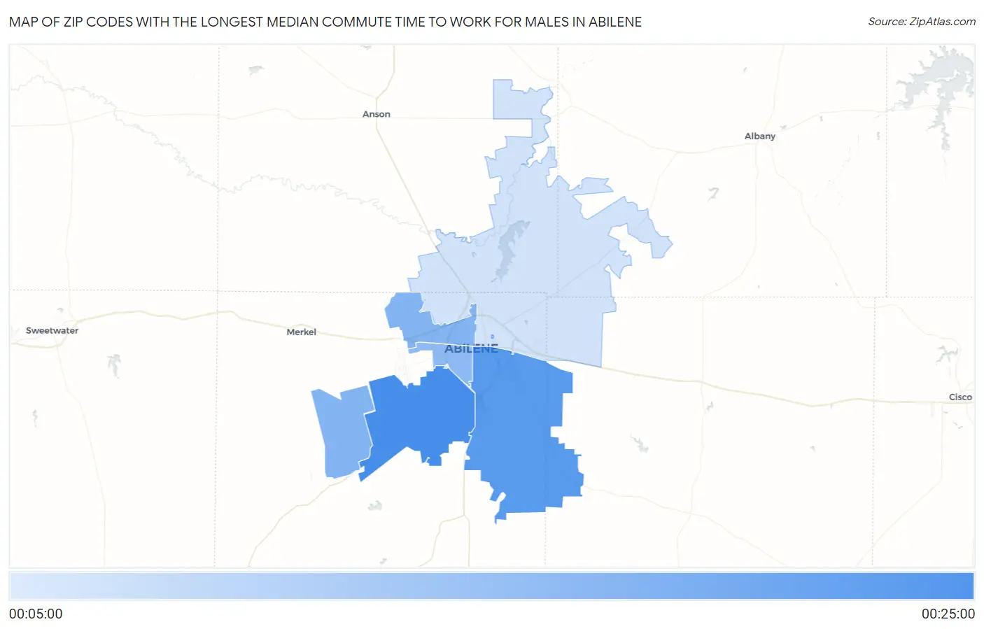 Zip Codes with the Longest Median Commute Time to Work for Males in Abilene Map