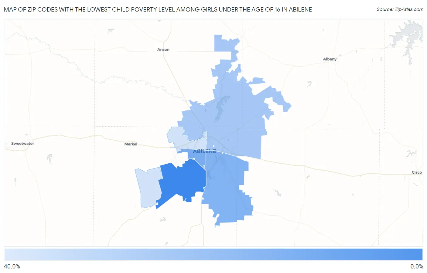 Zip Codes with the Lowest Child Poverty Level Among Girls Under the Age of 16 in Abilene Map