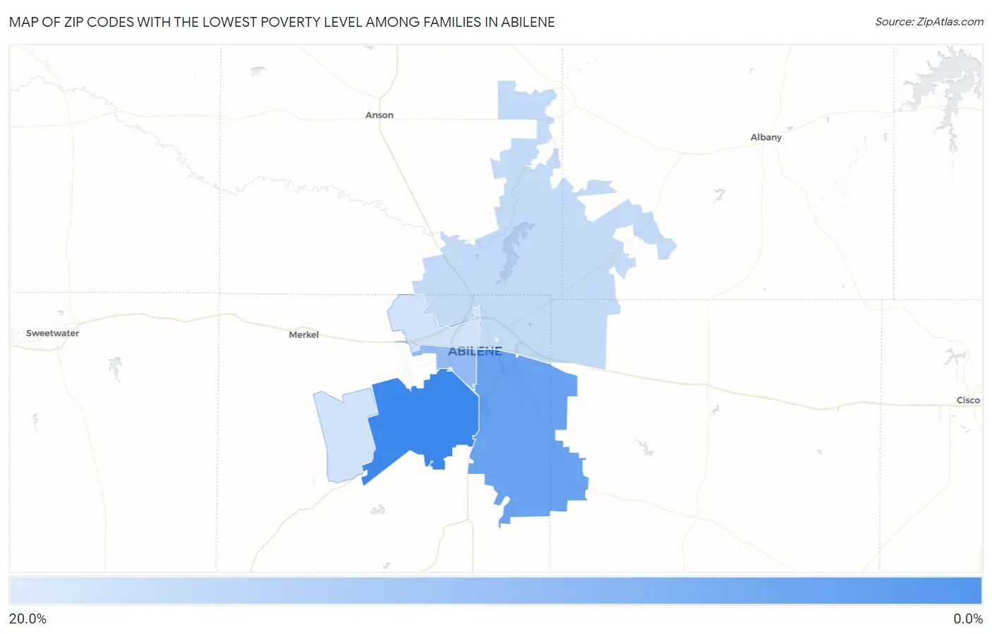Zip Codes with the Lowest Poverty Level Among Families in Abilene Map