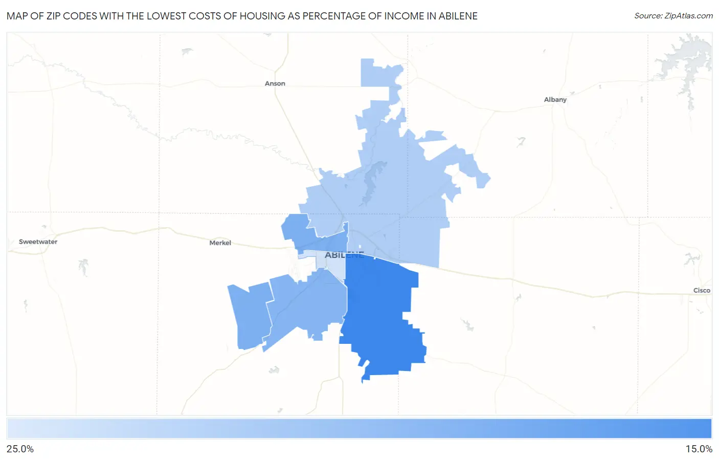 Zip Codes with the Lowest Costs of Housing as Percentage of Income in Abilene Map