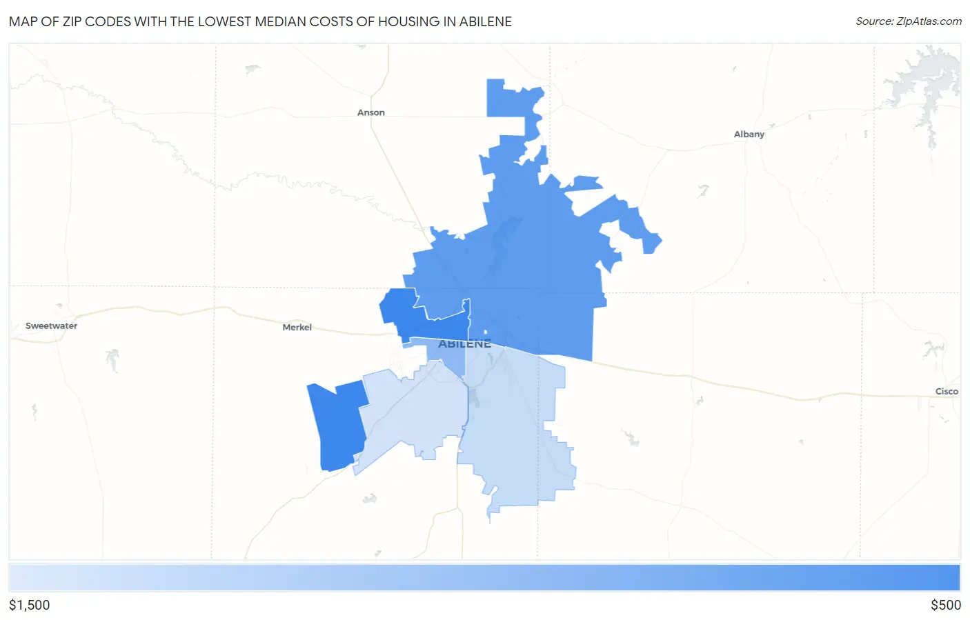 Zip Codes with the Lowest Median Costs of Housing in Abilene Map