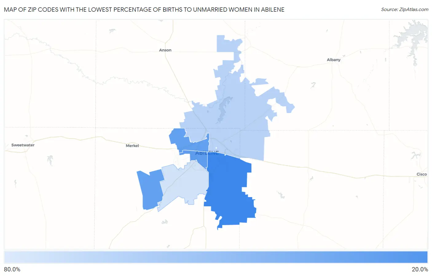 Zip Codes with the Lowest Percentage of Births to Unmarried Women in Abilene Map