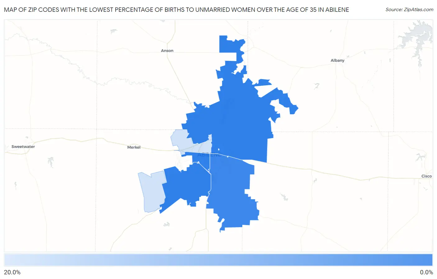 Zip Codes with the Lowest Percentage of Births to Unmarried Women over the Age of 35 in Abilene Map