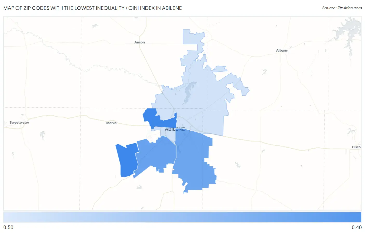 Zip Codes with the Lowest Inequality / Gini Index in Abilene Map