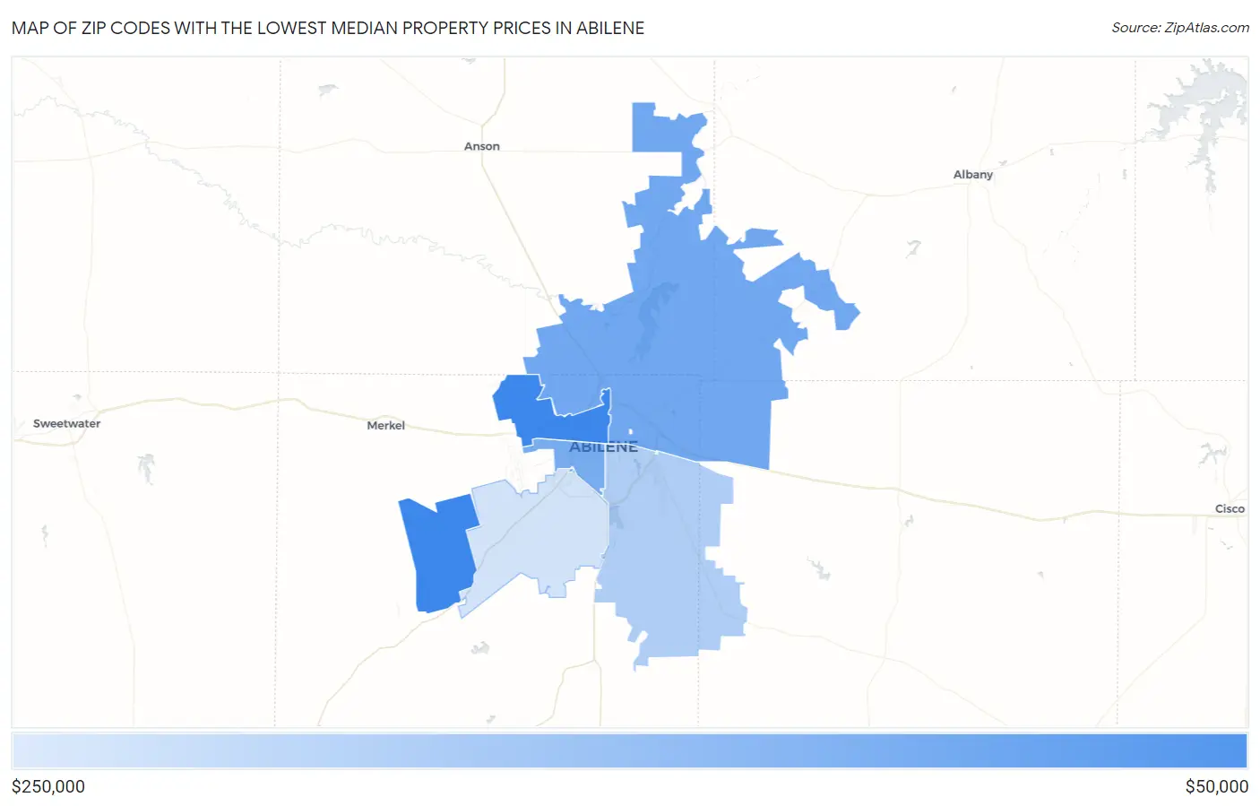 Zip Codes with the Lowest Median Property Prices in Abilene Map