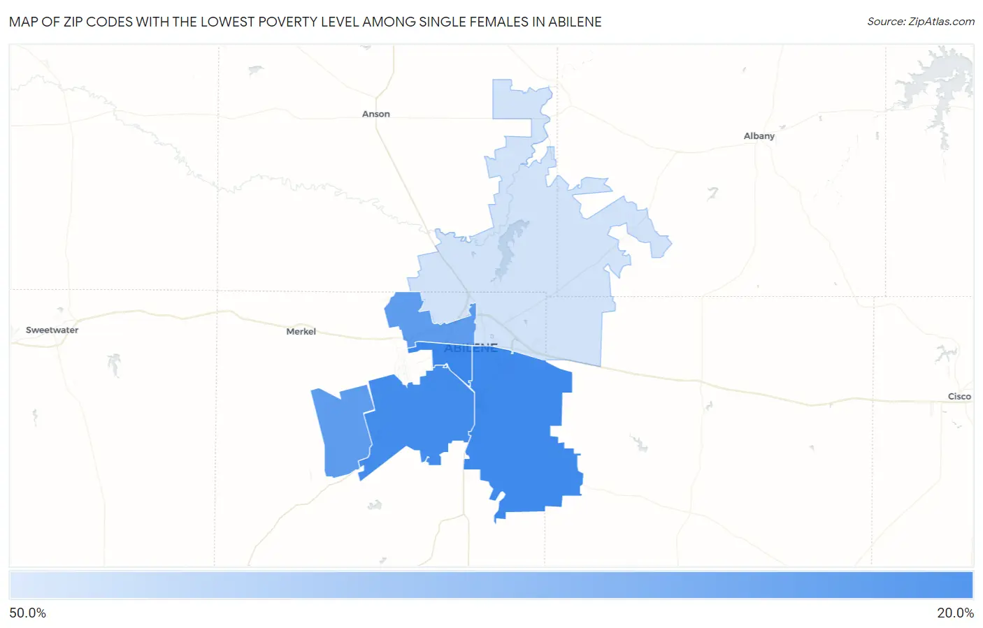 Zip Codes with the Lowest Poverty Level Among Single Females in Abilene Map