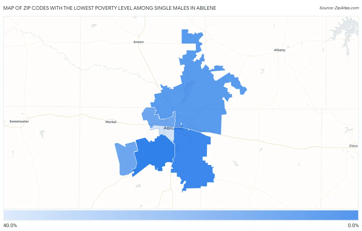 Zip Codes with the Lowest Poverty Level Among Single Males in Abilene Map