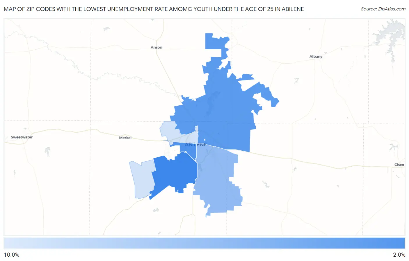 Zip Codes with the Lowest Unemployment Rate Amomg Youth Under the Age of 25 in Abilene Map