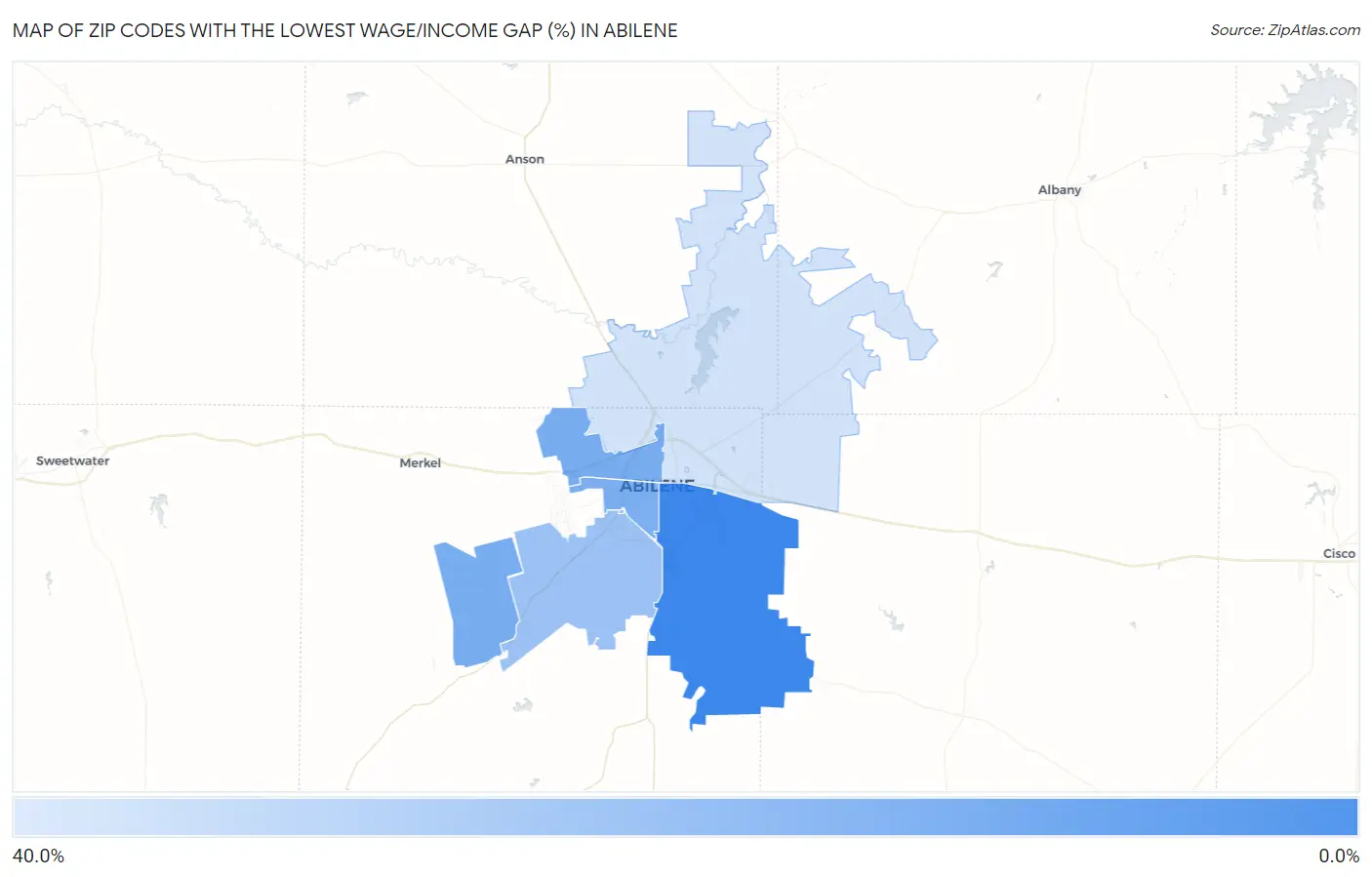 Zip Codes with the Lowest Wage/Income Gap (%) in Abilene Map