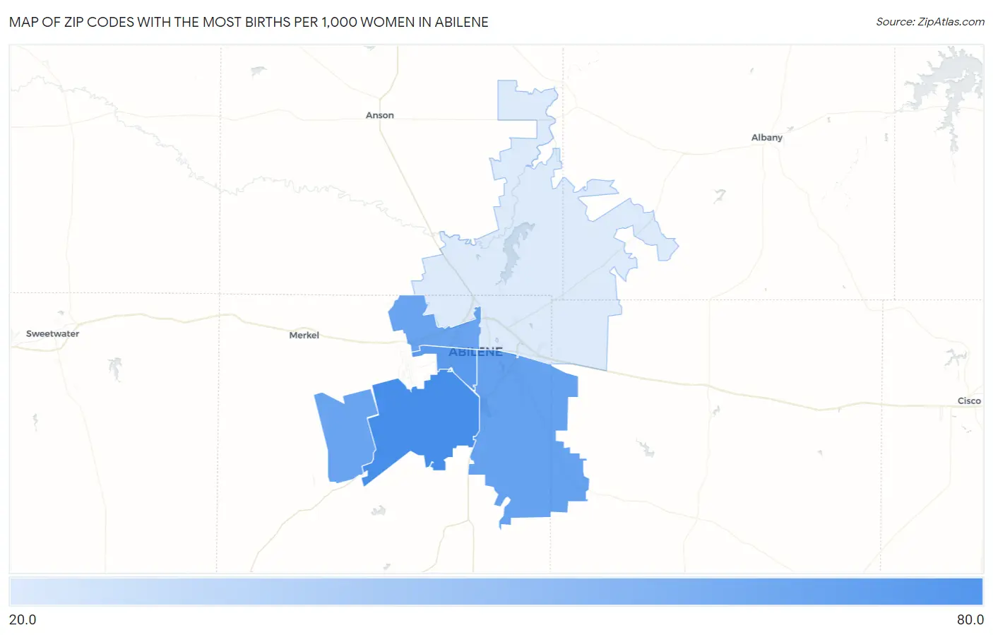 Zip Codes with the Most Births per 1,000 Women in Abilene Map