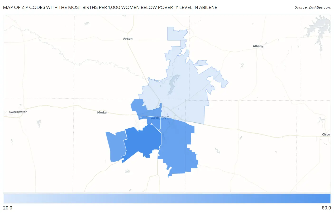 Zip Codes with the Most Births per 1,000 Women Below Poverty Level in Abilene Map