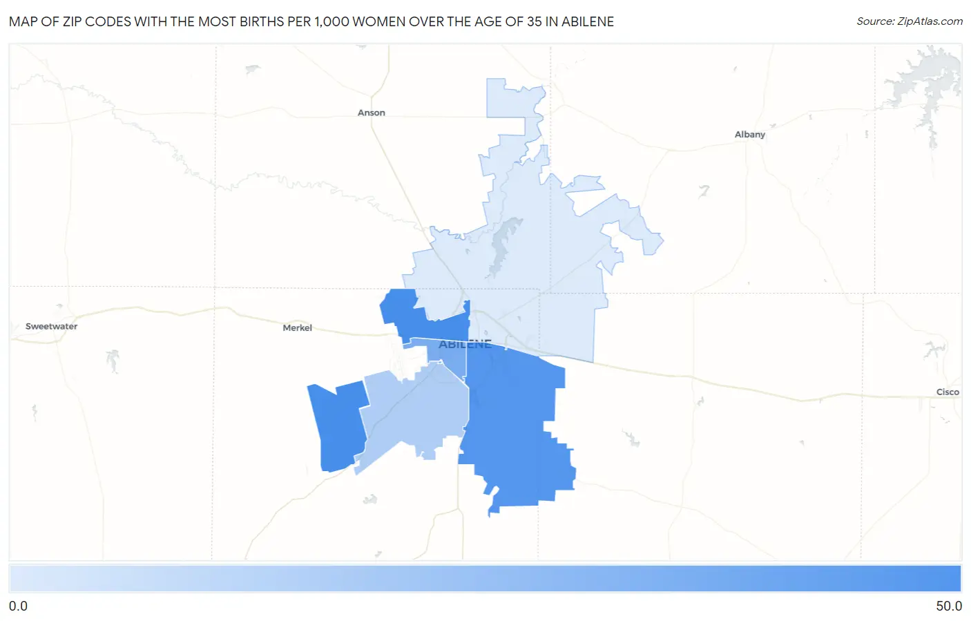 Zip Codes with the Most Births per 1,000 Women Over the Age of 35 in Abilene Map