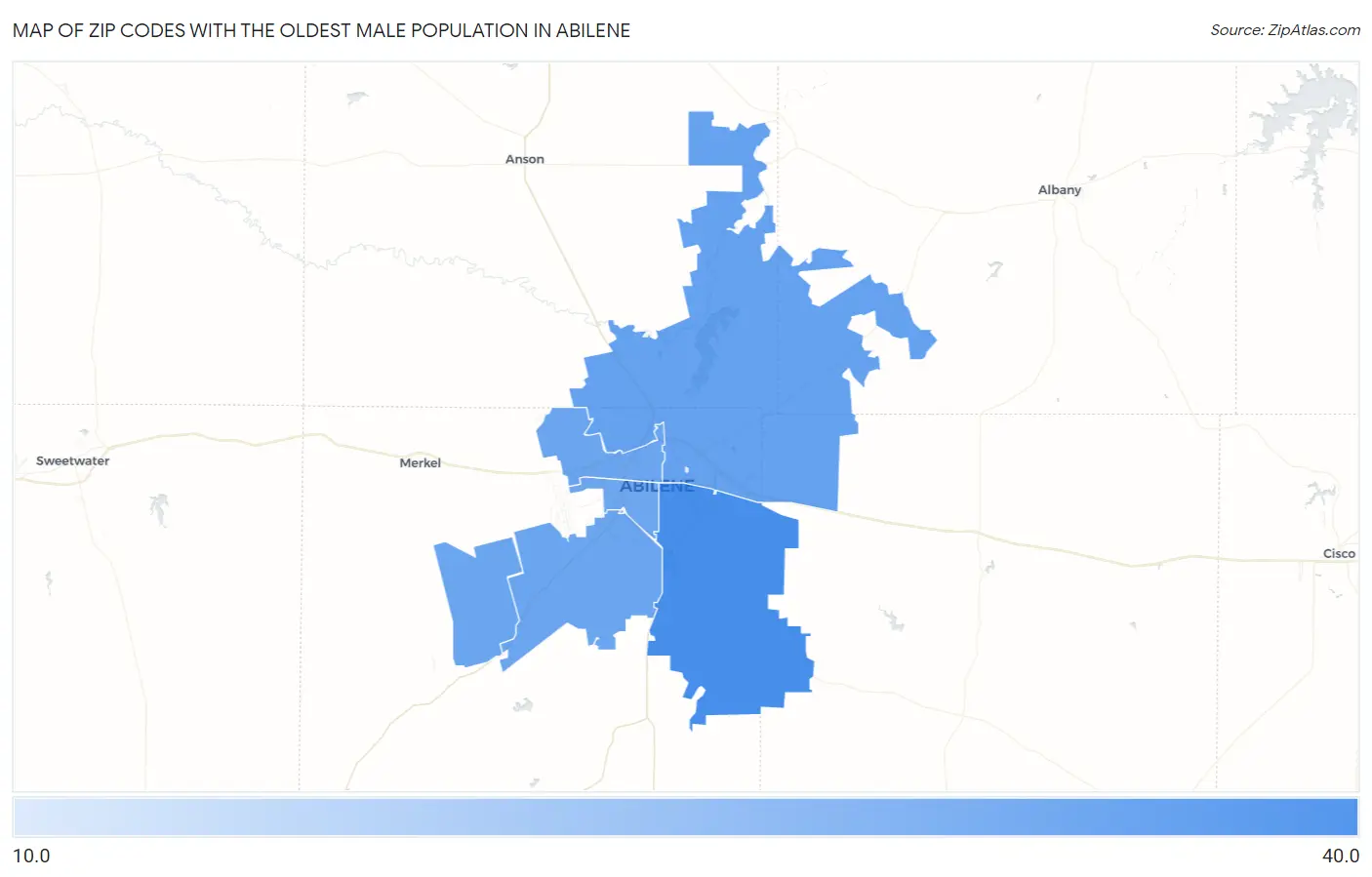 Zip Codes with the Oldest Male Population in Abilene Map