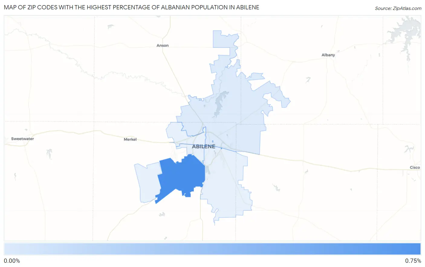 Zip Codes with the Highest Percentage of Albanian Population in Abilene Map