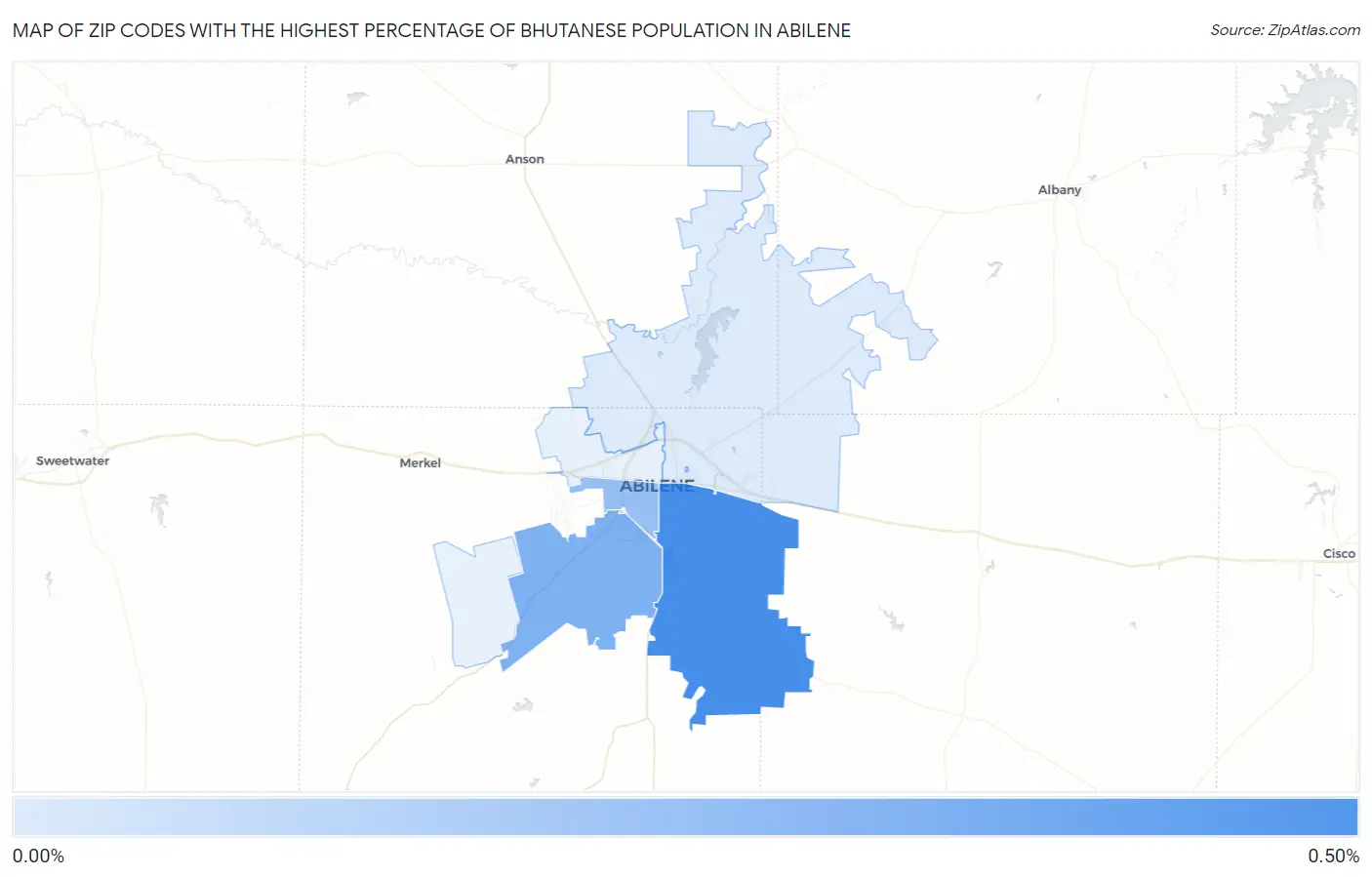 Zip Codes with the Highest Percentage of Bhutanese Population in Abilene Map