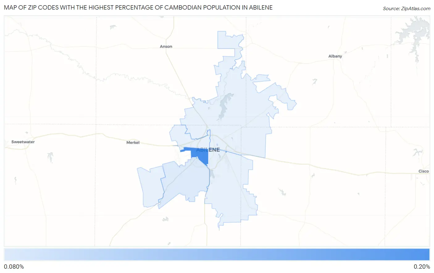 Zip Codes with the Highest Percentage of Cambodian Population in Abilene Map