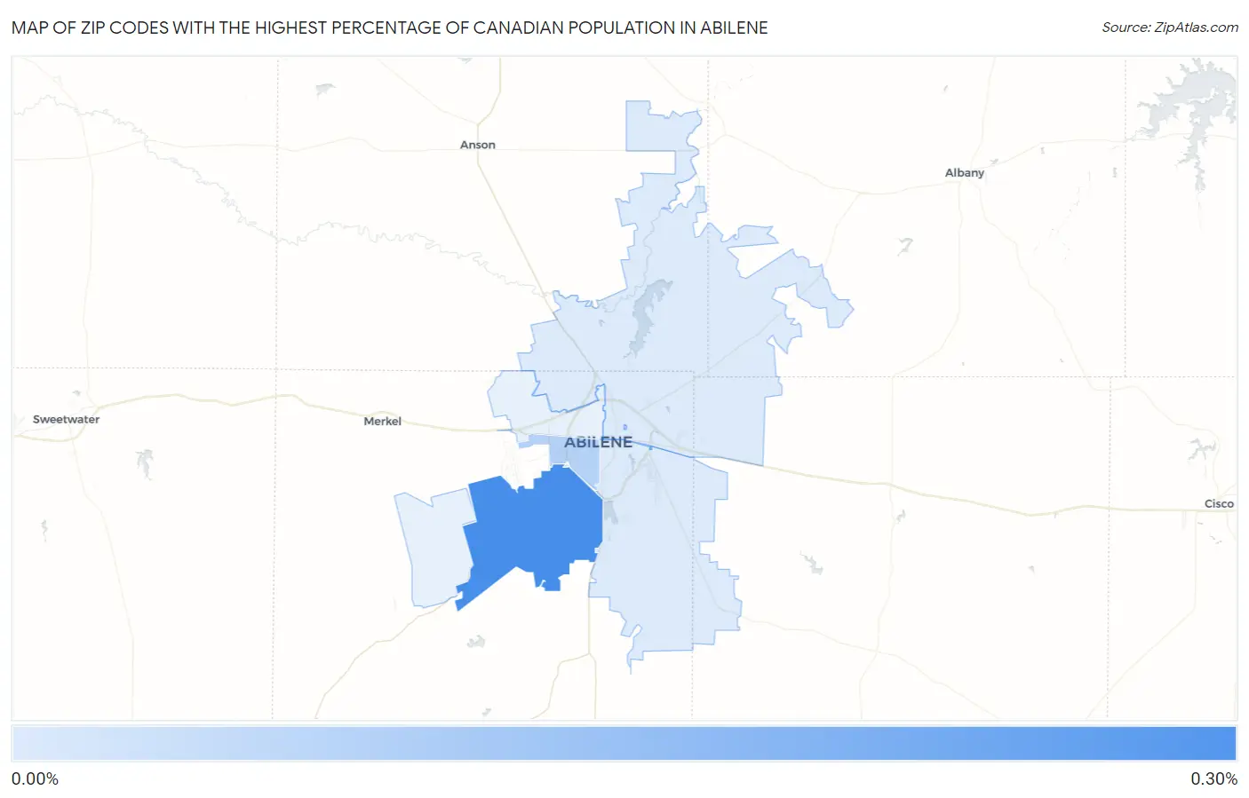 Zip Codes with the Highest Percentage of Canadian Population in Abilene Map