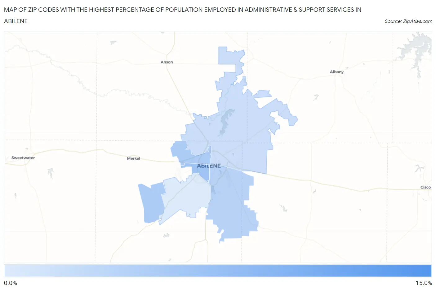 Zip Codes with the Highest Percentage of Population Employed in Administrative & Support Services in Abilene Map