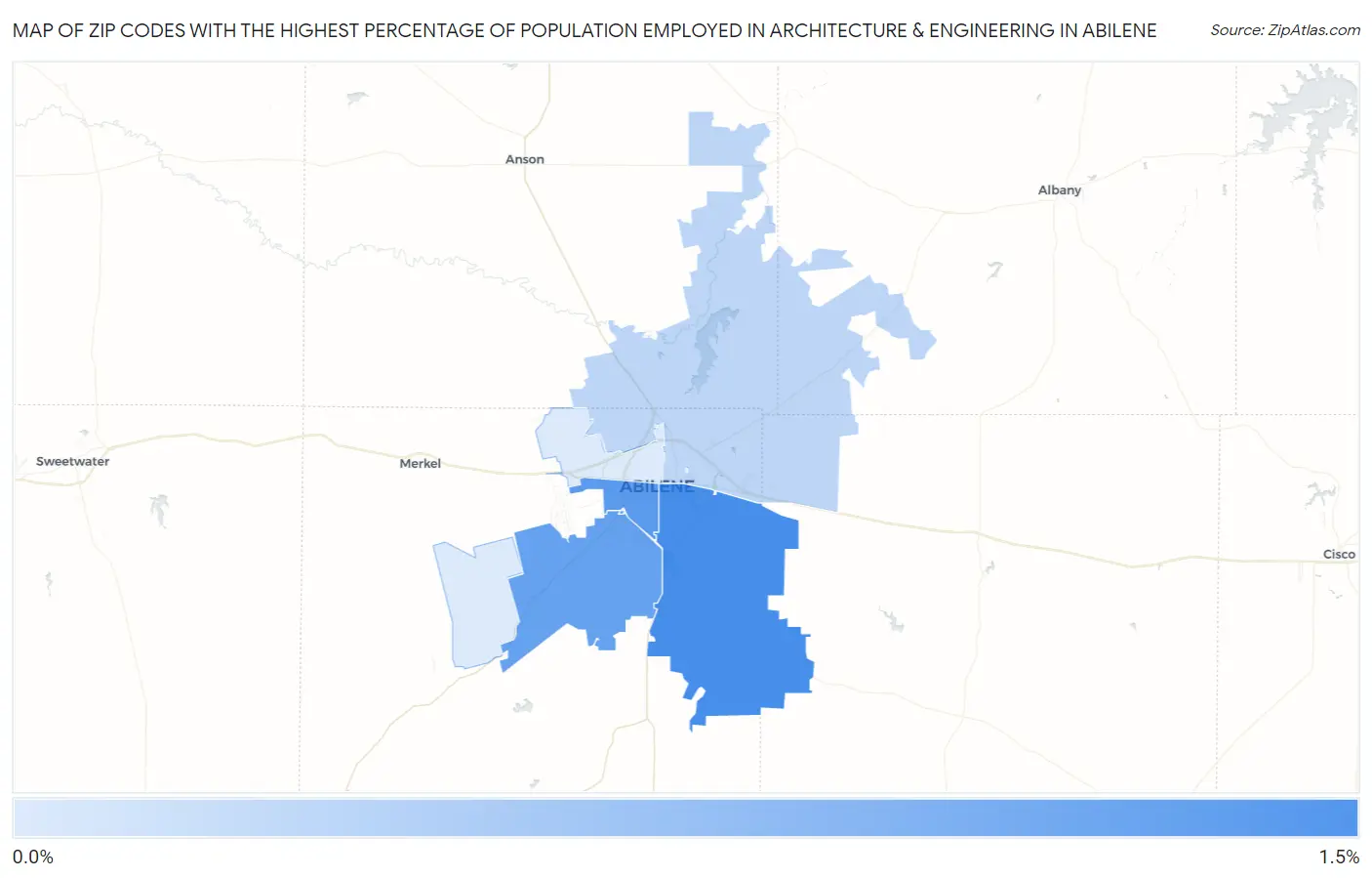 Zip Codes with the Highest Percentage of Population Employed in Architecture & Engineering in Abilene Map