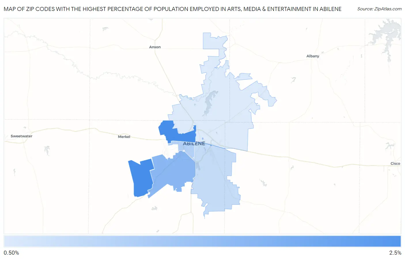Zip Codes with the Highest Percentage of Population Employed in Arts, Media & Entertainment in Abilene Map