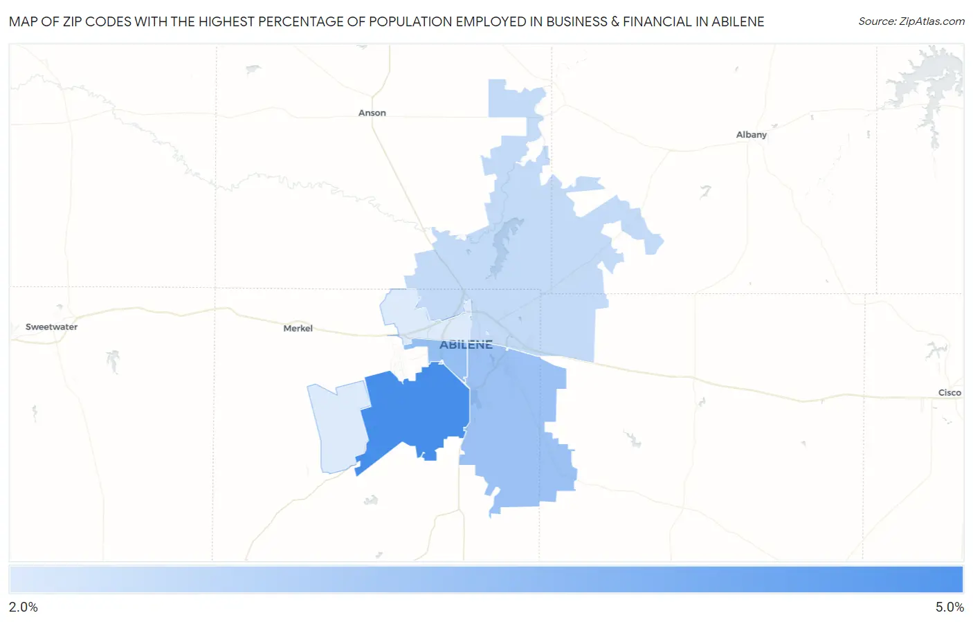 Zip Codes with the Highest Percentage of Population Employed in Business & Financial in Abilene Map