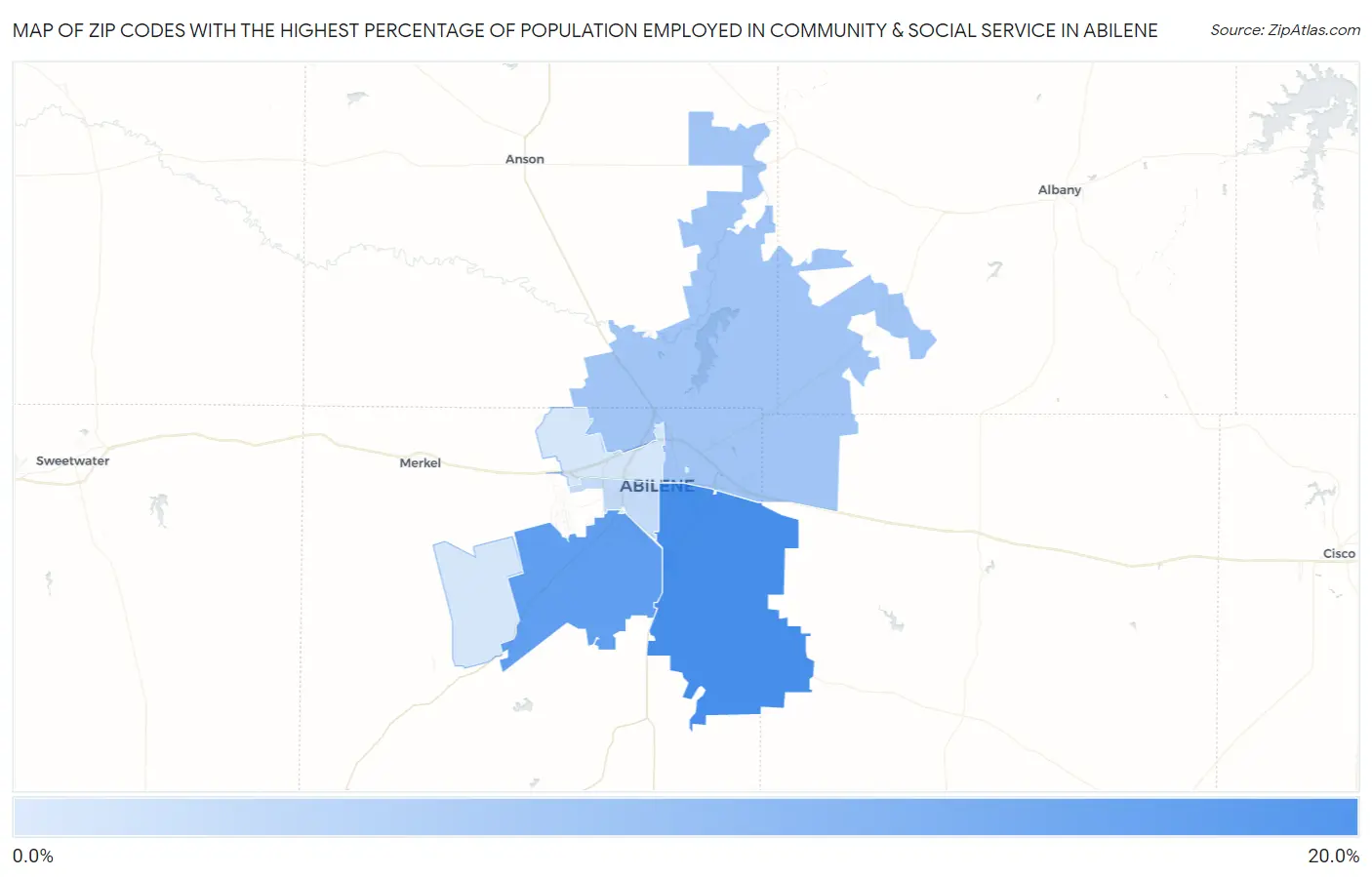 Zip Codes with the Highest Percentage of Population Employed in Community & Social Service  in Abilene Map