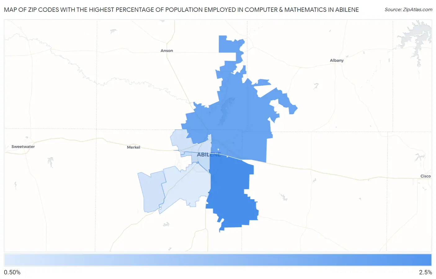 Zip Codes with the Highest Percentage of Population Employed in Computer & Mathematics in Abilene Map