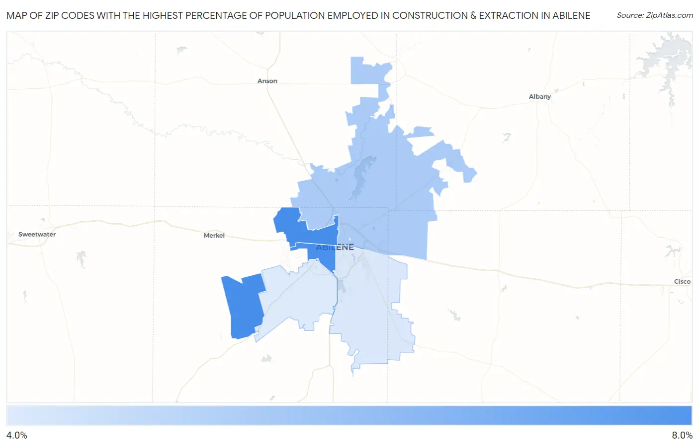 Zip Codes with the Highest Percentage of Population Employed in Construction & Extraction in Abilene Map