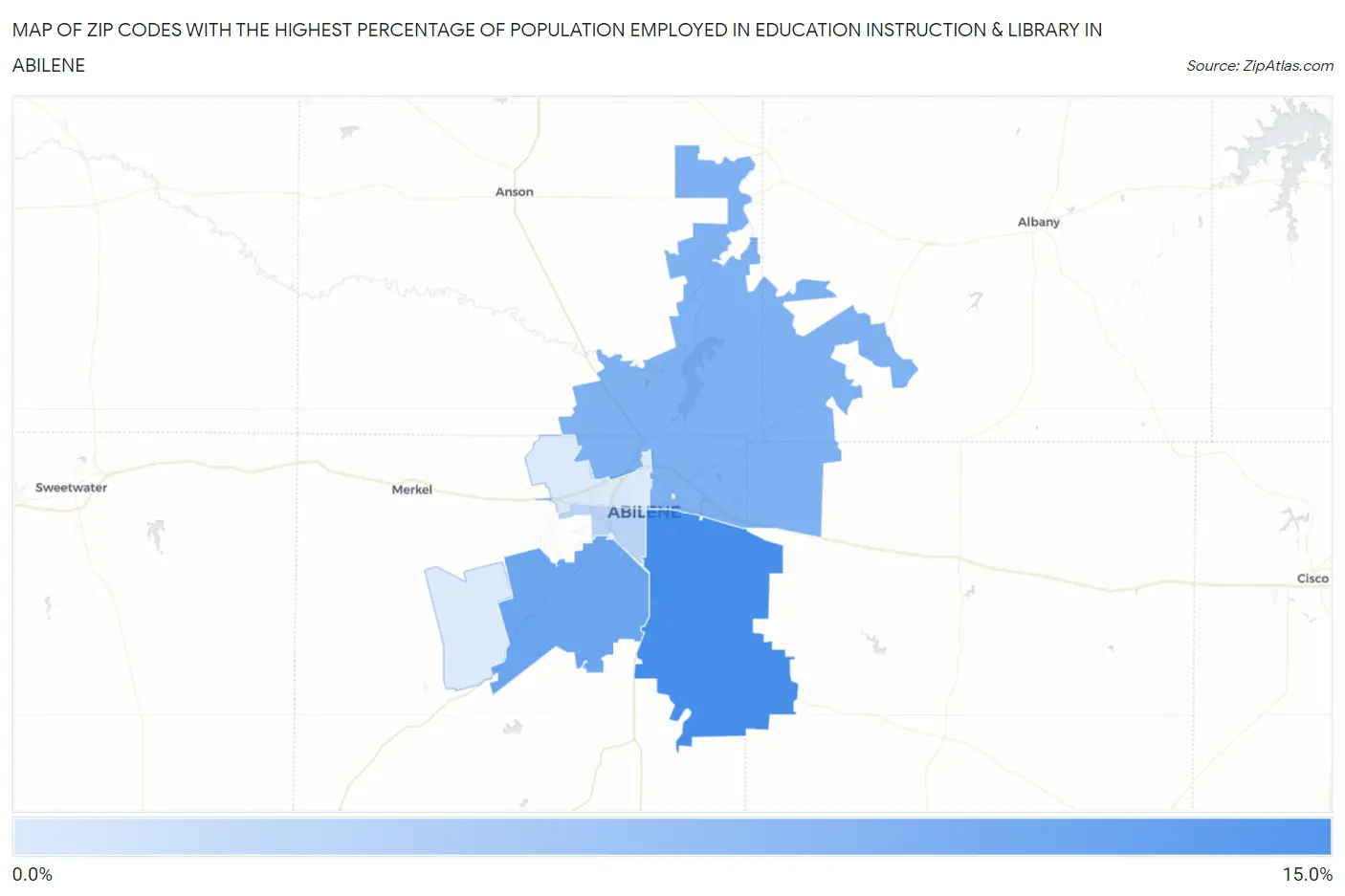 Zip Codes with the Highest Percentage of Population Employed in Education Instruction & Library in Abilene Map