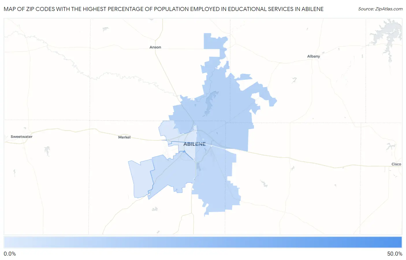 Zip Codes with the Highest Percentage of Population Employed in Educational Services in Abilene Map
