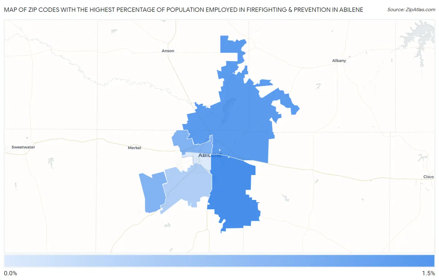Zip Codes with the Highest Percentage of Population Employed in Firefighting & Prevention in Abilene Map