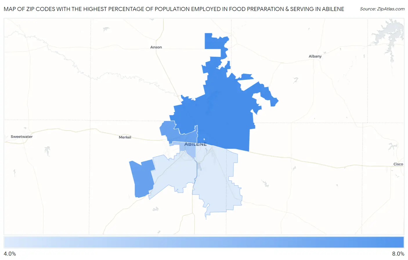 Zip Codes with the Highest Percentage of Population Employed in Food Preparation & Serving in Abilene Map