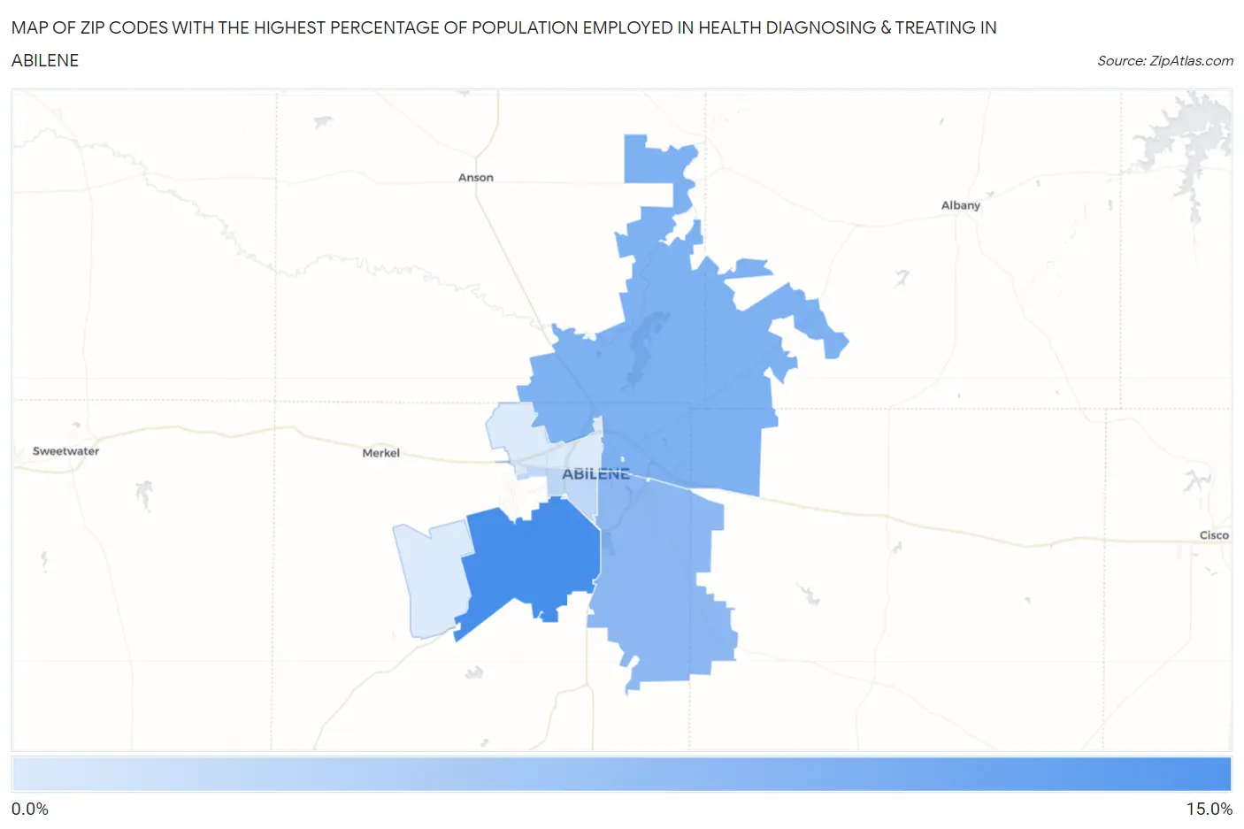 Zip Codes with the Highest Percentage of Population Employed in Health Diagnosing & Treating in Abilene Map