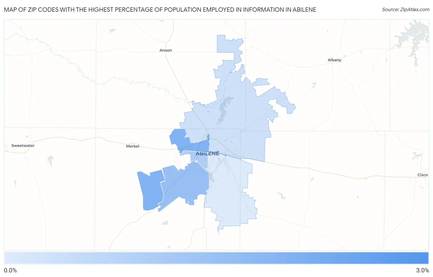 Zip Codes with the Highest Percentage of Population Employed in Information in Abilene Map