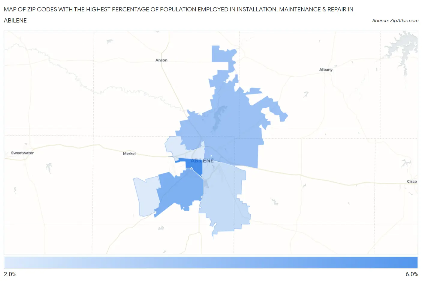 Zip Codes with the Highest Percentage of Population Employed in Installation, Maintenance & Repair in Abilene Map
