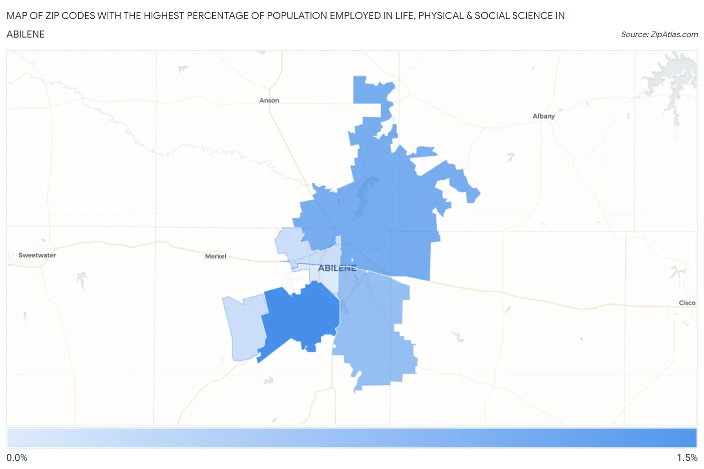 Zip Codes with the Highest Percentage of Population Employed in Life, Physical & Social Science in Abilene Map