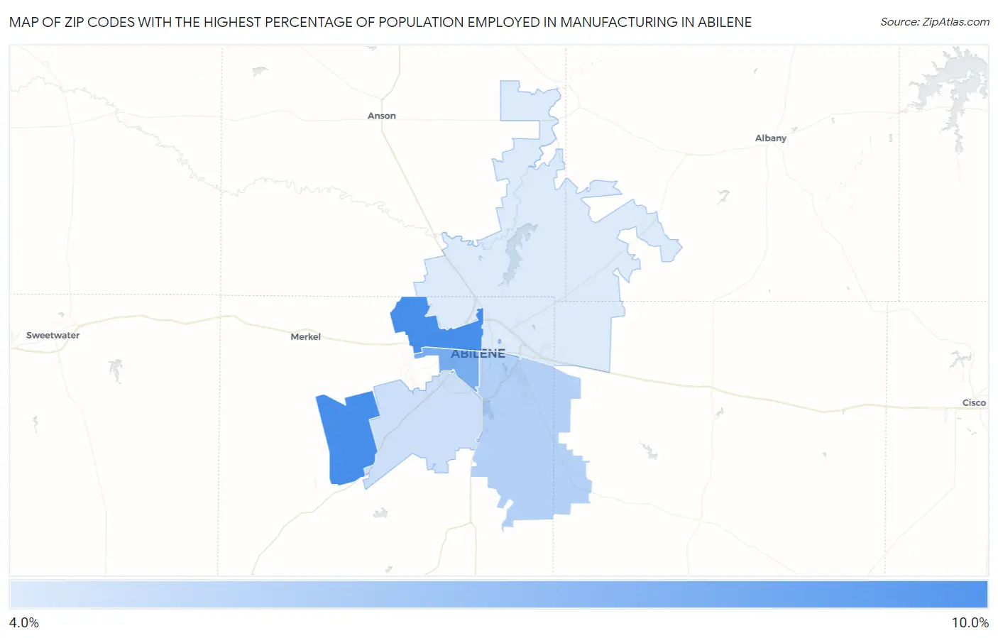 Zip Codes with the Highest Percentage of Population Employed in Manufacturing in Abilene Map