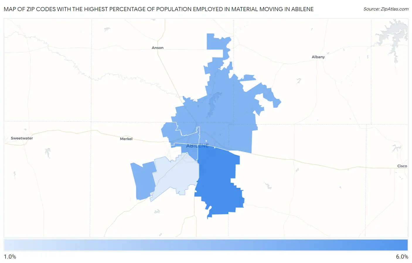 Zip Codes with the Highest Percentage of Population Employed in Material Moving in Abilene Map