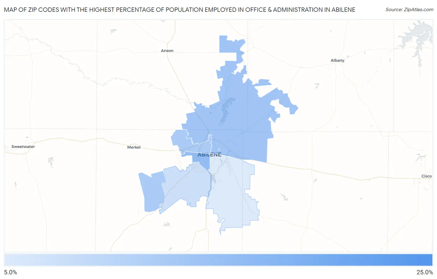 Zip Codes with the Highest Percentage of Population Employed in Office & Administration in Abilene Map