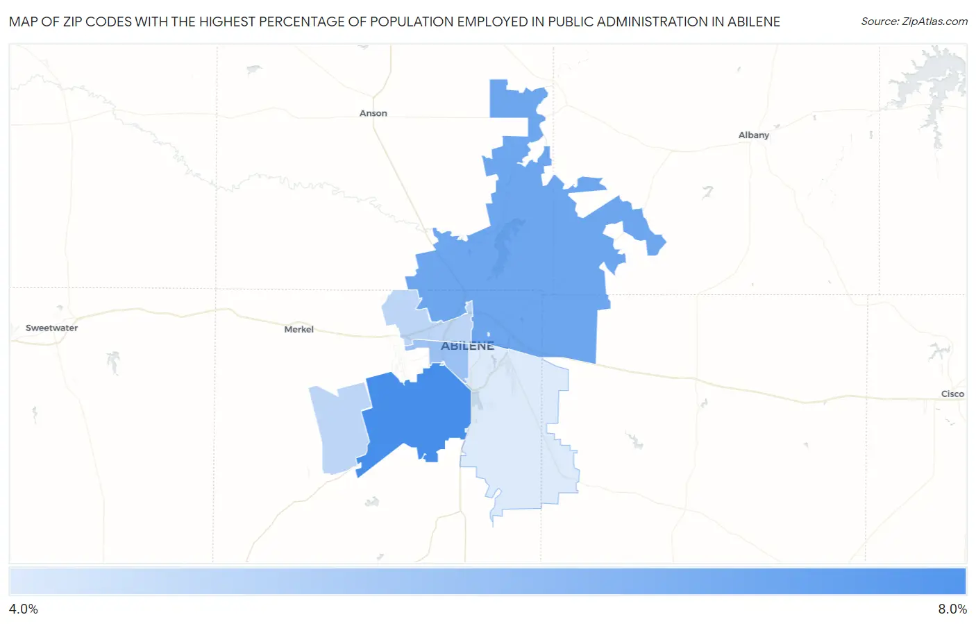 Zip Codes with the Highest Percentage of Population Employed in Public Administration in Abilene Map